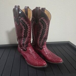 VTG Justin Exotic Snakeskin Cowboy Boots Red Women Size 6A USA Made Embroidered